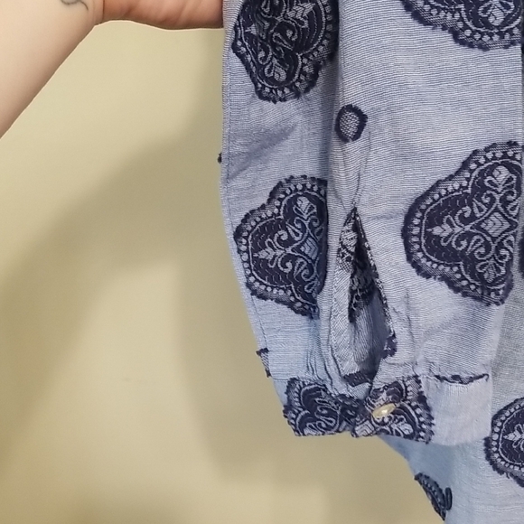 LOFT Women's Boho Blue Medallion Blouson Sleeve Cotton Button Up Tunic Top Small - Picture 4 of 13